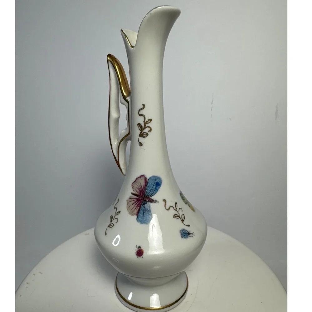 Lenwile China Ardalt Bud Vase Japan White 6.75in Butterfly Ladybug Gold Trim